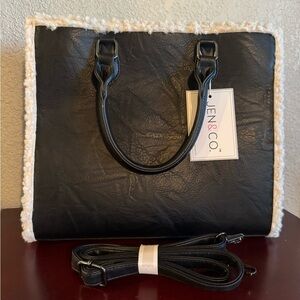 NWT Jen & Co Black Tote Bag with Cream Sherpa Accents